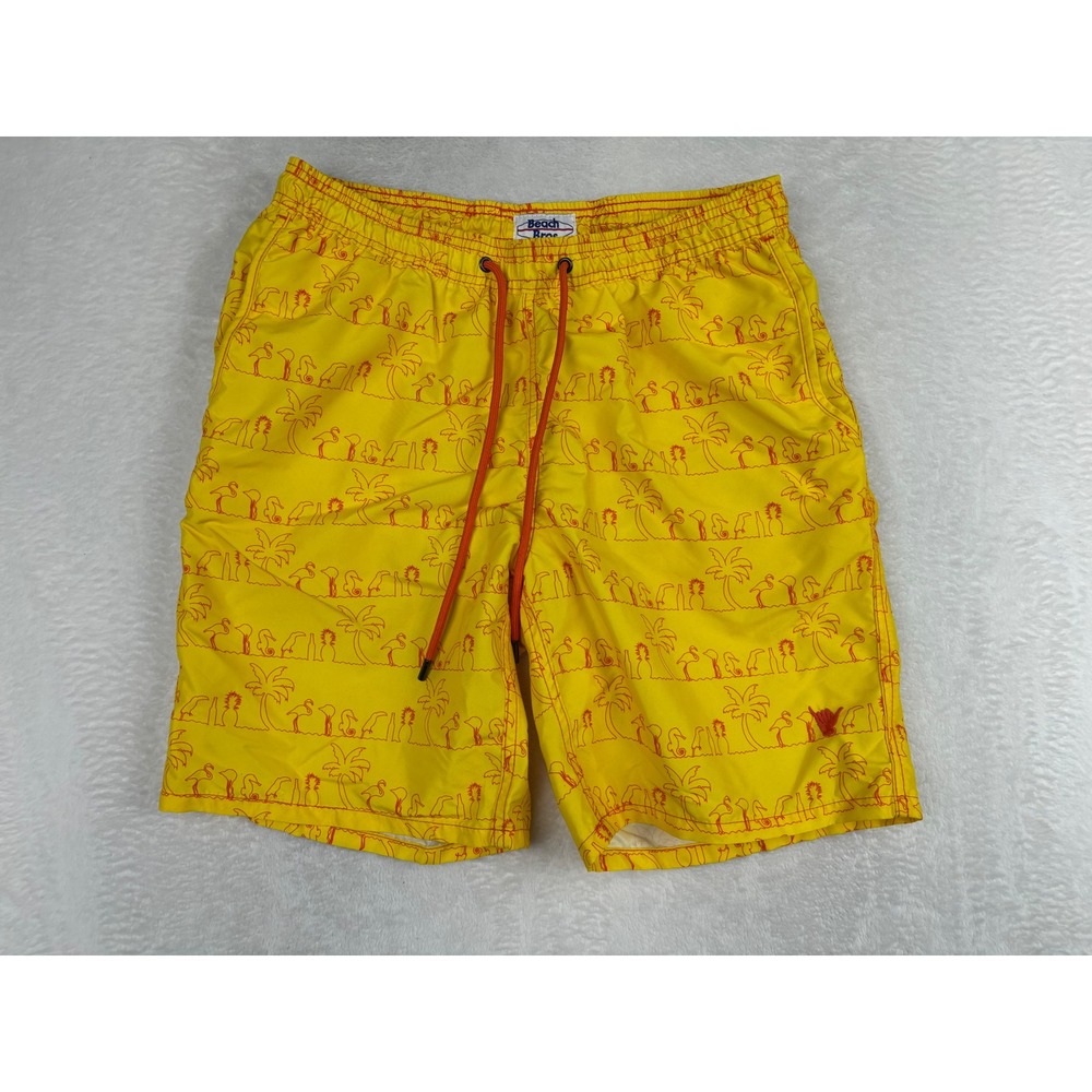 Beach Bros Mens Yellow Tropical Palm Tree Flamingo Swim Trunks Size Medium 8in